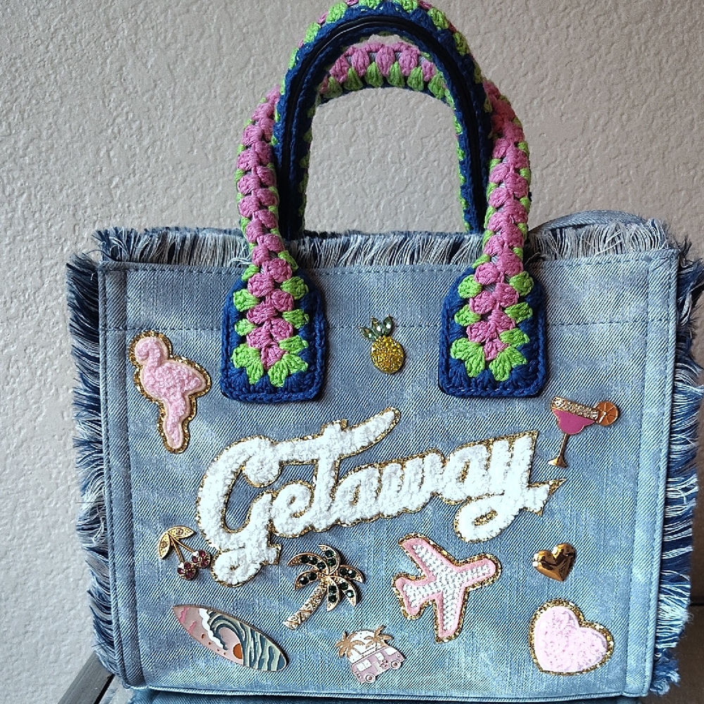 Embellished Denim Tote with Crochet Handles